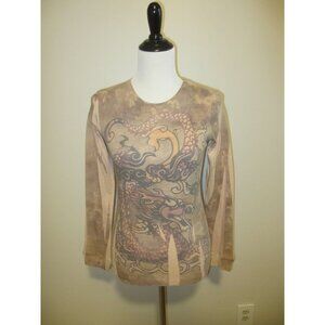Mushka By Sienna Rose Inc Dragon Print Long Sleeve Ribbed Top Medium Tan